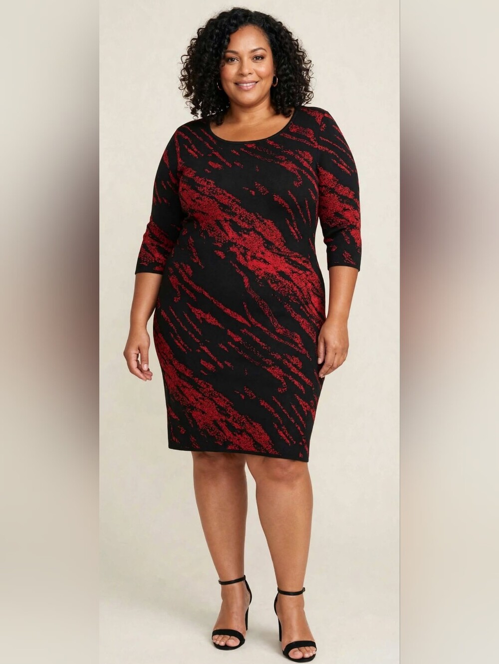 Nina Leonard 1X Black Red Metallic Jacquard Sweater Dress Abstract